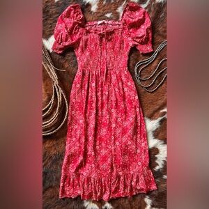 Coco + Jaimeson Red Bandana Print Smocked Midi Dress Small